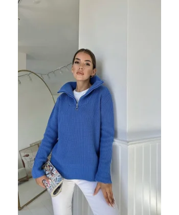Mavi Fermuarlı Ve Boğazlı Triko Kazak