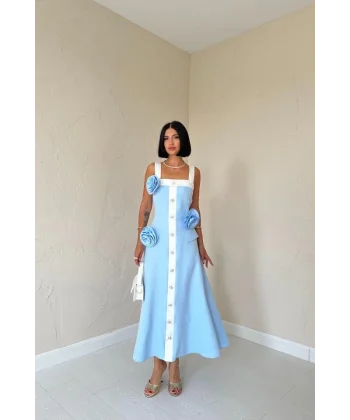 Mavi Güllü Askılı Elbise