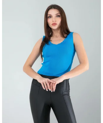 Mavi Merdiven Yaka Kalın Askı Crop Bluz