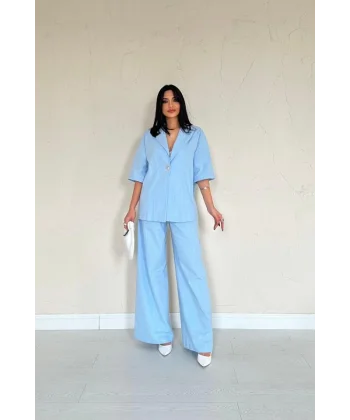 Mavi Önü Tek Düğmeli Ceket Pantolon Takım