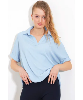 Mavi Oversize Polo Yaka Örme Bluz 0486