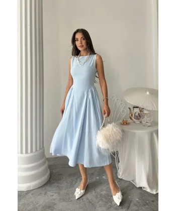 Mavi Yanları Büzgülü Midi Boy Keten Elbise