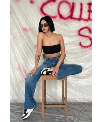 Mavi Yüksek Bel Ve Geniş Paça Jeans Pantolon