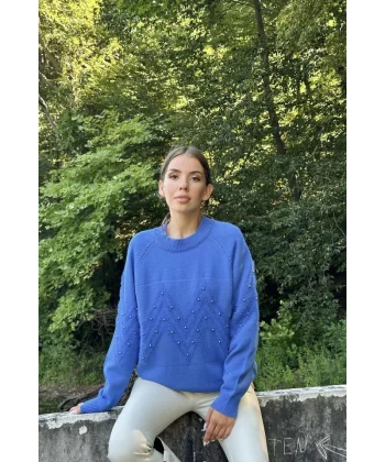 Mavi Zikzak Boncuklu Triko Kazak