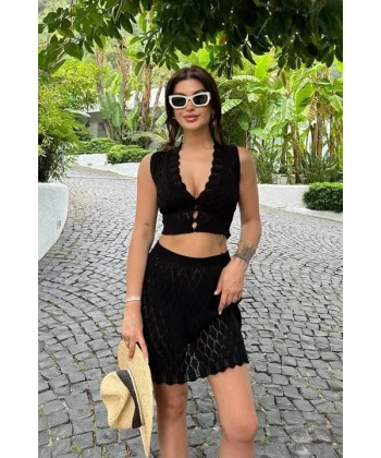 Melua Kroşe Crop Yelek Takım 9858