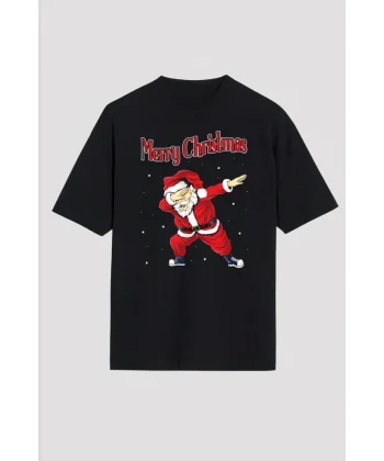 Merry Christmas Baskılı Noel Babalı T-shirt - Siyah