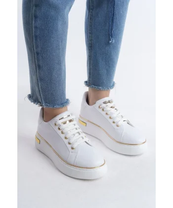 MINA Bağcıklı Ortopedik Taban Kadın Sneaker Spor Ayakkabı  CBT - Beyaz/Altın