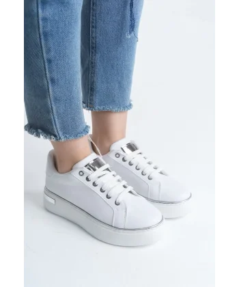 MINA Bağcıklı Ortopedik Taban Kadın Sneaker Spor Ayakkabı  CBT - Beyaz/Gümüş
