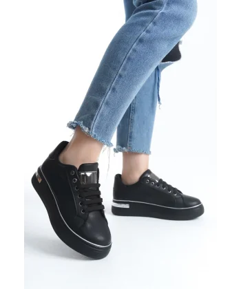 MINA Bağcıklı Ortopedik Taban Kadın Sneaker Spor Ayakkabı  CST - Siyah/Gümüş