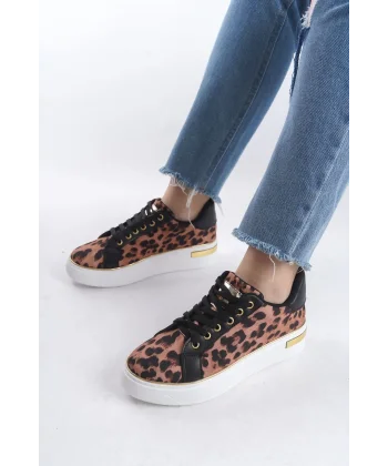 MINA Bağcıklı Ortopedik Taban Leopar Desenli Kadın Sneaker Spor Ayakkabı  TBT - Kahverengi