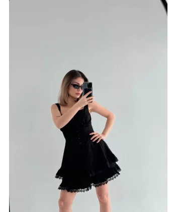 Mini Askılı Elbise - Siyah