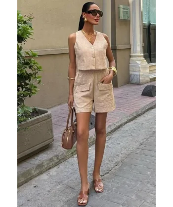 Mini Yelekli Şortlu Keten Takım 10176-08