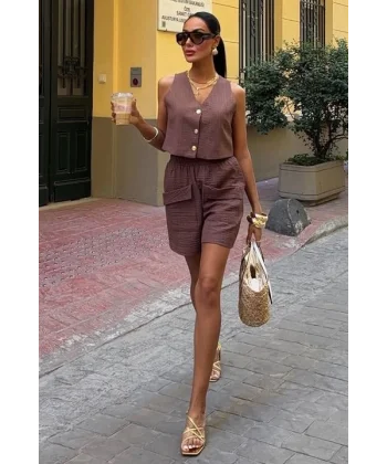 Mini Yelekli Şortlu Keten Takım 10176-08