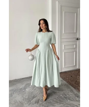 Mint Arkadan Bağlamalı Büzgülü Keten Elbise