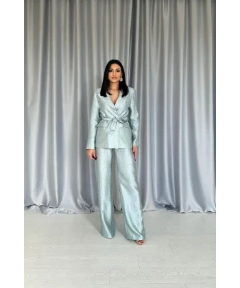 Mint Beli Kuşaklı Ceket Ve Pantolon Parlak Takım