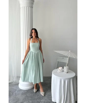 Mint Boyundan Bağlamalı Keten Elbise