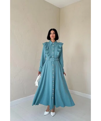 Mint Fırfırlı Dantelli Elbise