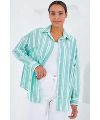 Mint Yeşili Beyaz Çizgili Oversize Keten Gömlek 20251