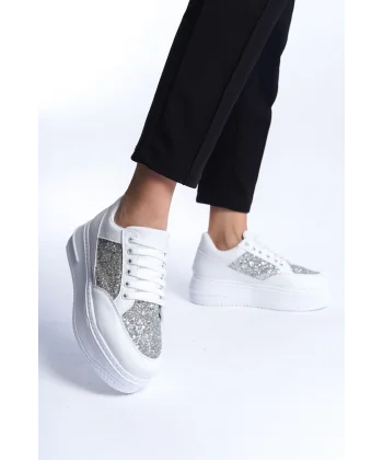 MIPA Bağcıklı Ortopedik Taban Simli Kadın Sneaker Spor Ayakkabı  CBT - Beyaz