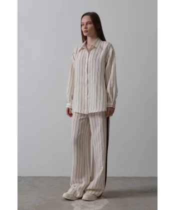 Model Gömlek Yandan Şerit Detaylı Pantolon - Ekru-Bordo