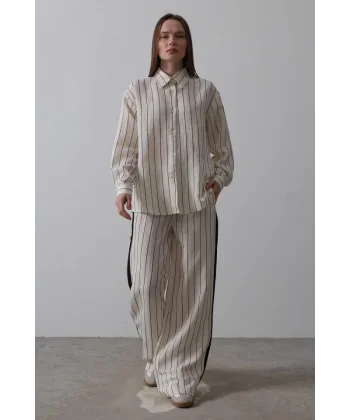 Model Gömlek Yandan Şerit Detaylı Pantolon - Ekru-Siyah