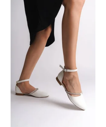 MONICA Tokalı Ortopedik Rahat Taban Taş Detaylı Kadın Babet Ayakkabı  CKT - Beyaz