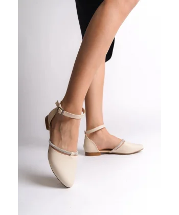 MONICA Tokalı Ortopedik Rahat Taban Taş Detaylı Kadın Babet Ayakkabı  CKT - Krem