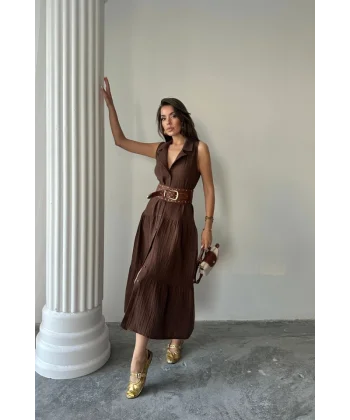 MÜSLİN ELBİSE GÖMLEK YAKA KOLSUZ ÖNDEN DÜĞMELİ - Kahverengi