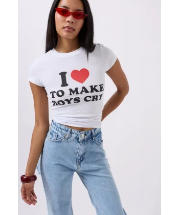 Nakış Detay Baskılı Crop T-Shirt