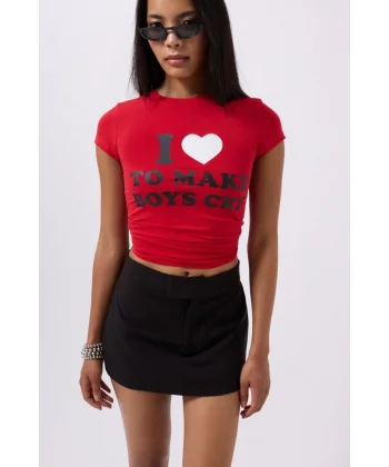 Nakış Detay Baskılı Crop T-Shirt