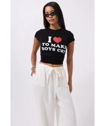 Nakış Detay Baskılı Crop T-Shirt