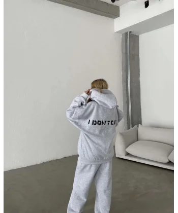 Nakış İşlemeli Üç İplik weat Takım Gri