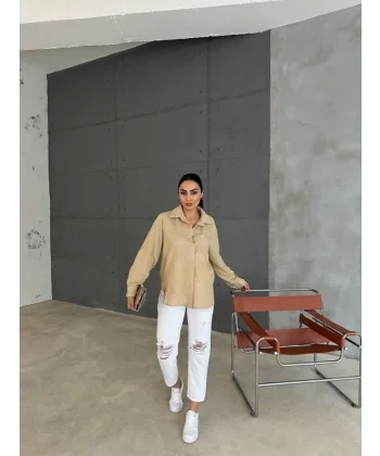 NAKIŞLI HAM KETEN GÖMLEK - Vizon