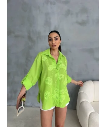 NAKIŞLI HAM KETEN GÖMLEK - Yeşil