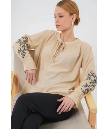 Nakışlı Örme Bluz 941 - Bej