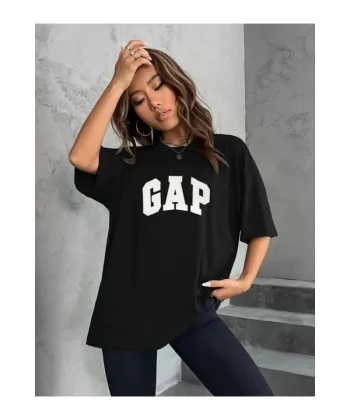 Nakışlı Oversize Penye T-Shirt - Siyah