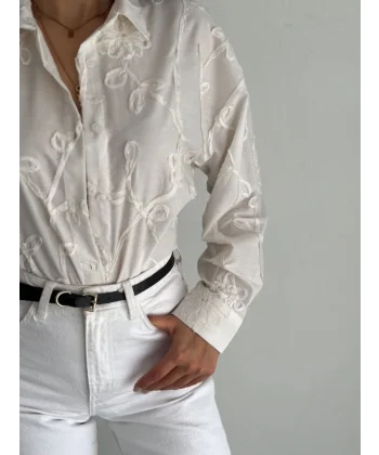 Nakışlı Uzun Kollu Gömlek - Beyaz