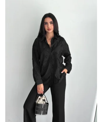 Nakışlı Uzun Kollu Gömlek - Siyah