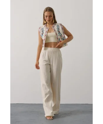 Nakışlı Yelek Pantolon Takım - Natür