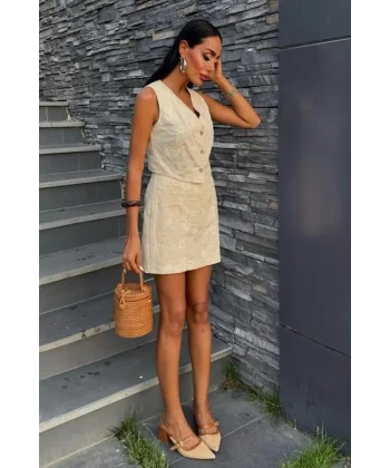 Nakışlı Yelek Şort Etekli Keten Takım 10226-08