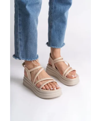 NATALIE İnce Tokalı Şerit Detaylı Ortopedik Taban Kadın Sandalet  CKT - Krem