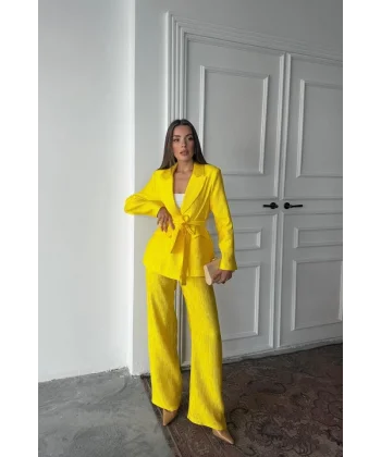 Neon Beli Kuşaklı Ceket Ve Pantolon Parlak Takım