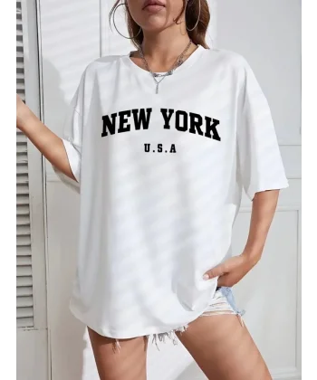 New York Baskılı Oversize Bisiklet Yaka T-shirt - Beyaz