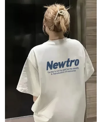 Newtro Baskılı Oversize Bisiklet Yaka T-shirt - Beyaz
