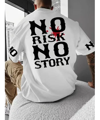 No Risk No Story Baskılı Oversize Bisiklet Yaka T-shirt - Beyaz