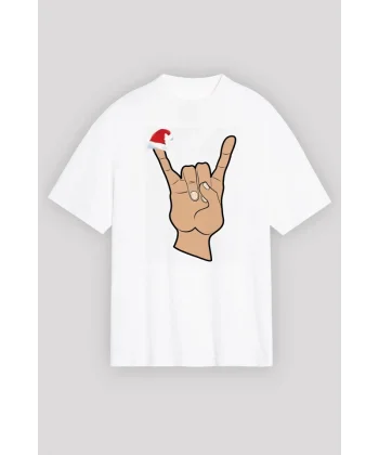 Noel Başlıklı Serçe Parmak T-shirt - Beyaz