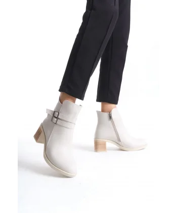 NOEMI Tokalı Fermuarlı Ortopedik Taban Topuklu Kadın Bot  CKT - Krem