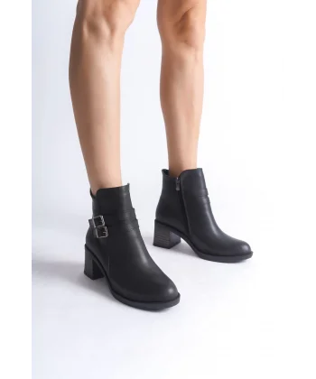 NOEMI Tokalı Fermuarlı Ortopedik Taban Topuklu Kadın Bot  CST - Siyah