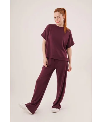 odal Kısa Kollu Üst Ve Geniş Paça Eşofman İkili Bordo Takım