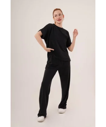 odal Kısa Kollu Üst Ve Geniş Paça Eşofman İkili iyah Takım